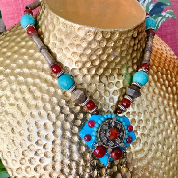 Handmade NECKLACE TURQ HOWLITE/CARNELIAN STONE UNIQUE VINTAGE AFGHAN Silver - Picture 15 of 16